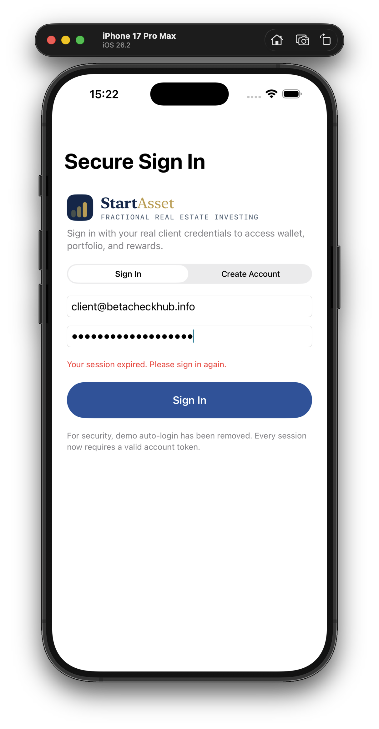 StartAsset sign in screen